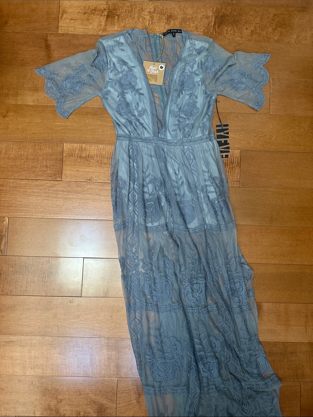 Delicate Light Blue Lace Maxi Dress with Embroidered Floral Detail